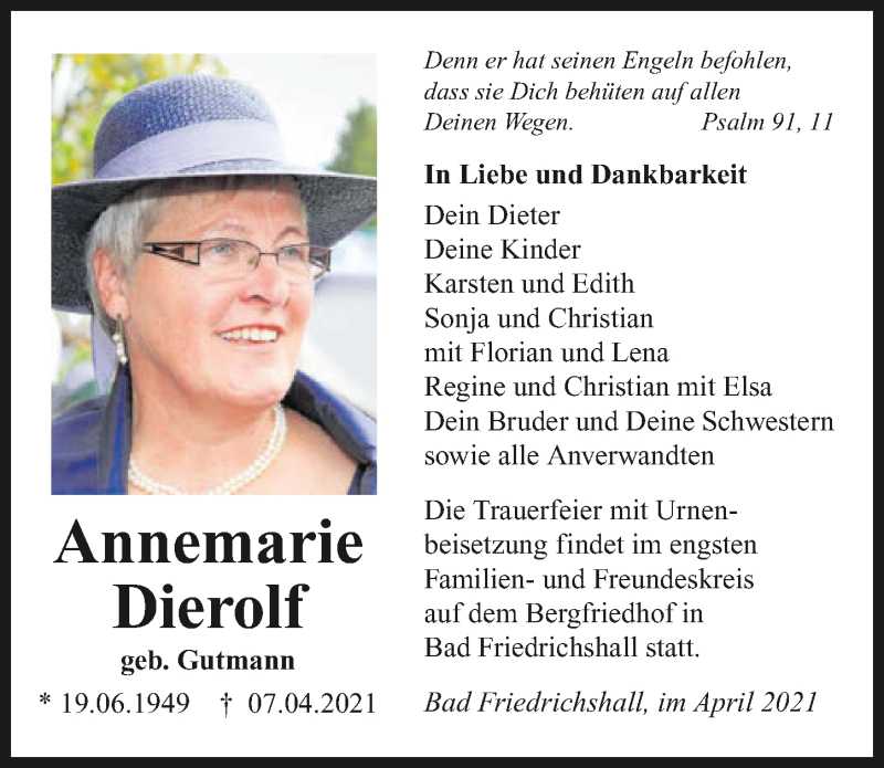  Traueranzeige für Annemarie Dierolf vom 10.04.2021 aus GESAMT