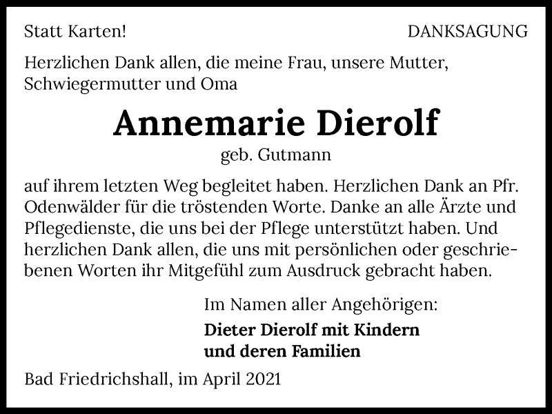  Traueranzeige für Annemarie Dierolf vom 20.04.2021 aus GESAMT