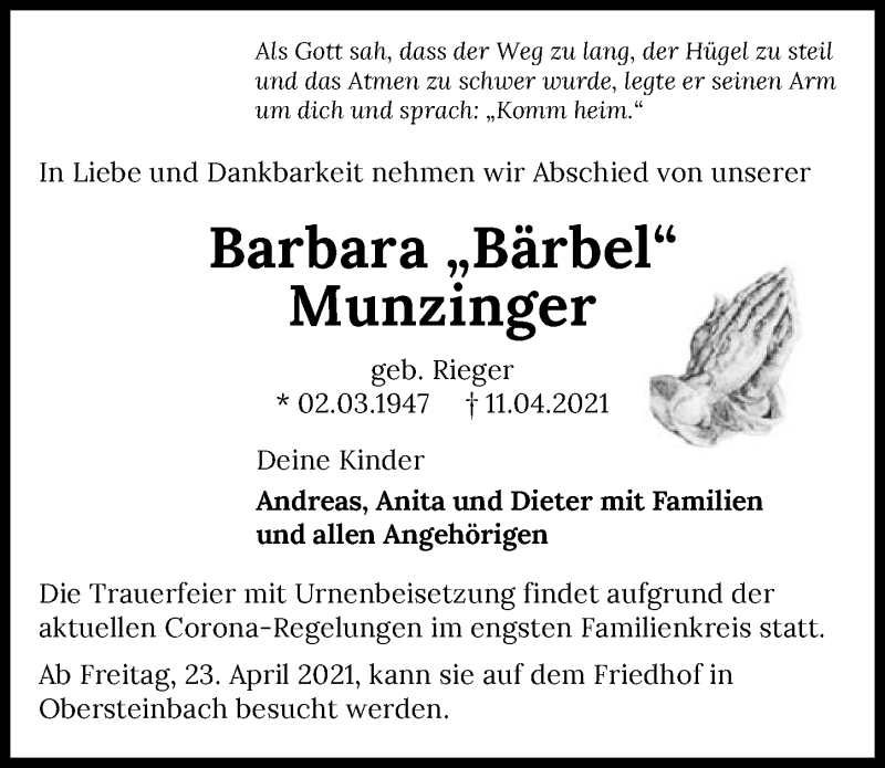  Traueranzeige für Barbara Munzinger vom 20.04.2021 aus GESAMT