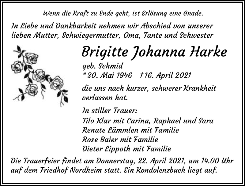  Traueranzeige für Brigitte Johanna Harke vom 20.04.2021 aus GESAMT