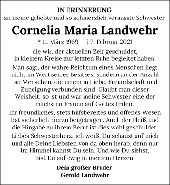 Traueranzeige von Cornelia Maria Landwehr von GESAMT
