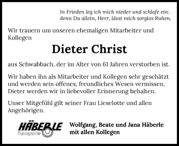 Traueranzeige von Dieter Christ von GESAMT