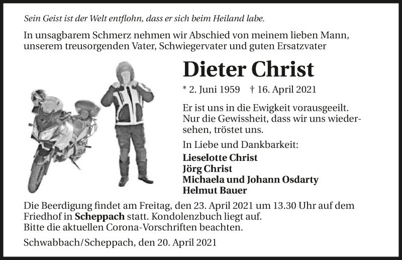  Traueranzeige für Dieter Christ vom 20.04.2021 aus GESAMT