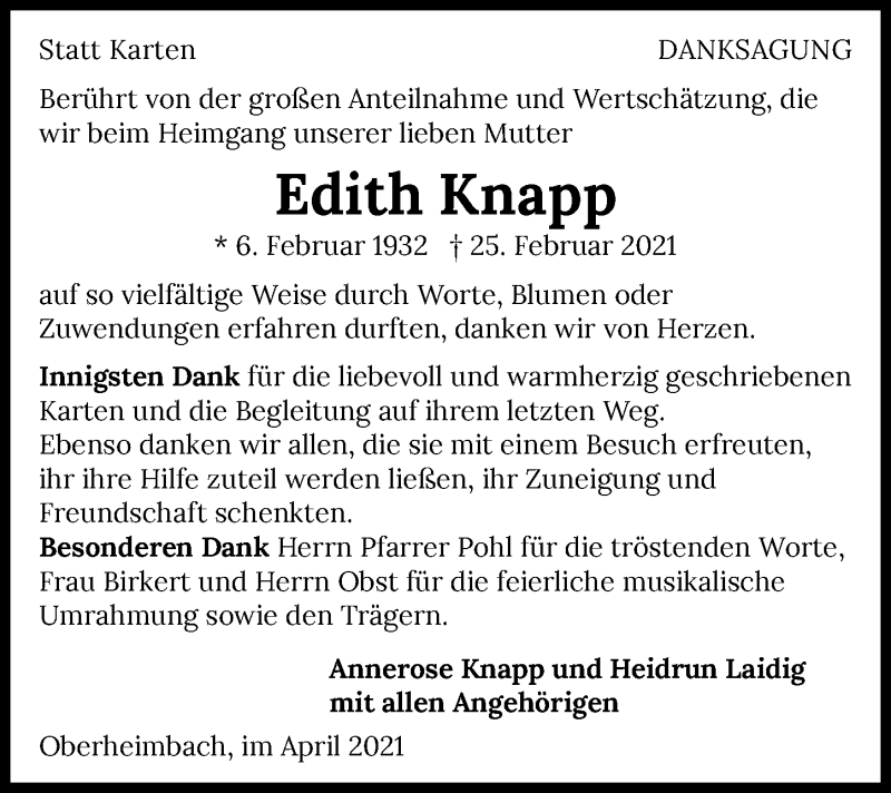  Traueranzeige für Edith Knapp vom 03.04.2021 aus GESAMT