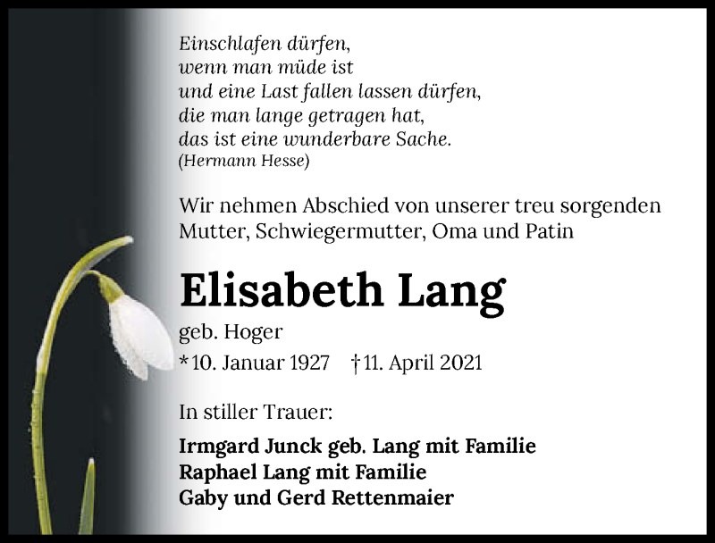  Traueranzeige für Elisabeth Lang vom 14.04.2021 aus GESAMT