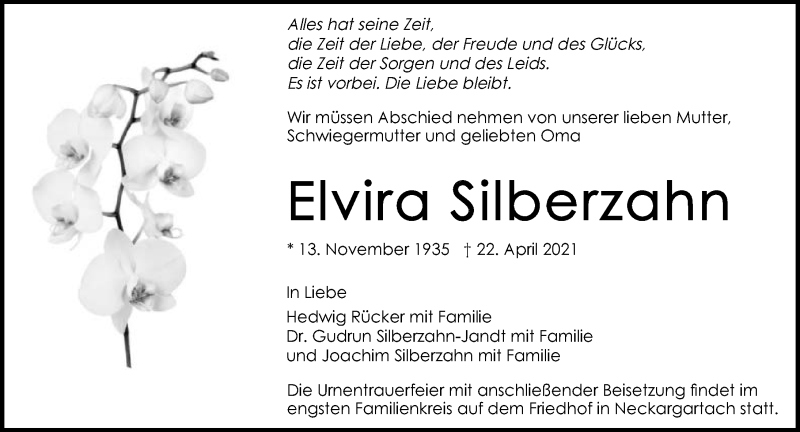  Traueranzeige für Elvira Silberzahn vom 24.04.2021 aus GESAMT