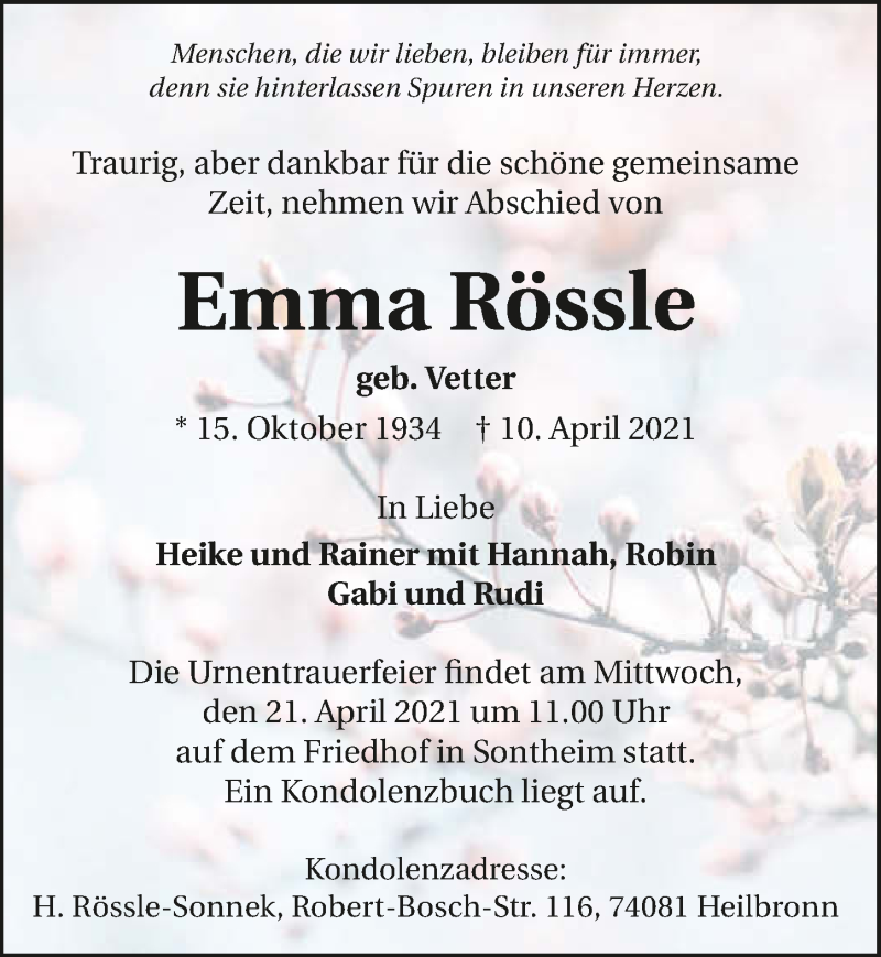  Traueranzeige für Emma Rössle vom 16.04.2021 aus GESAMT