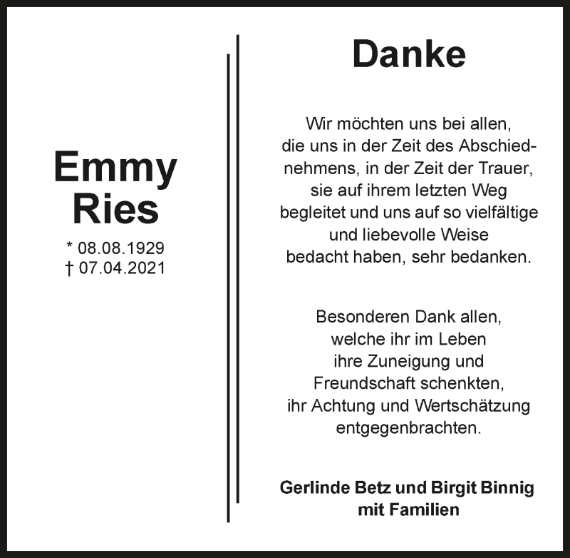  Traueranzeige für Emmy Ries vom 24.04.2021 aus GESAMT