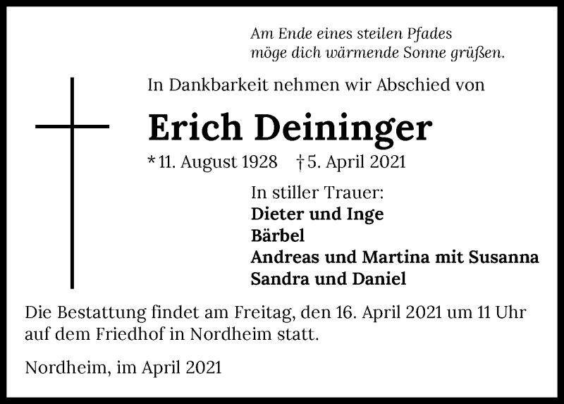  Traueranzeige für Erich Deininger vom 10.04.2021 aus GESAMT