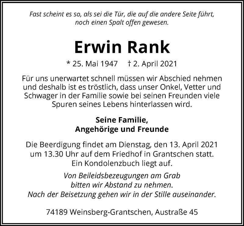  Traueranzeige für Erwin Rank vom 08.04.2021 aus GESAMT