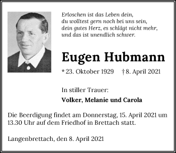 Traueranzeige von Eugen Hubmann von GESAMT