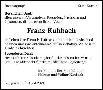 Traueranzeige von Franz Kuhbach von GESAMT