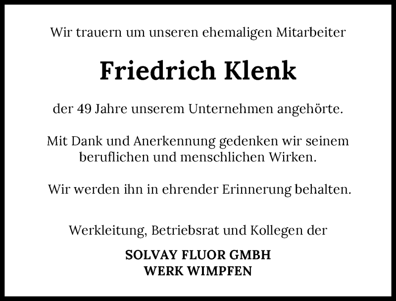  Traueranzeige für Friedrich Klenk vom 24.04.2021 aus GESAMT