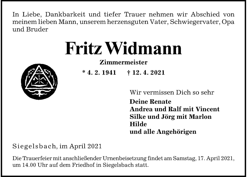  Traueranzeige für Fritz Widmann vom 15.04.2021 aus GESAMT