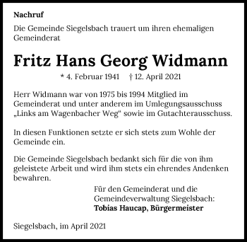 Traueranzeige von Fritz Hans Georg Widmann von GESAMT