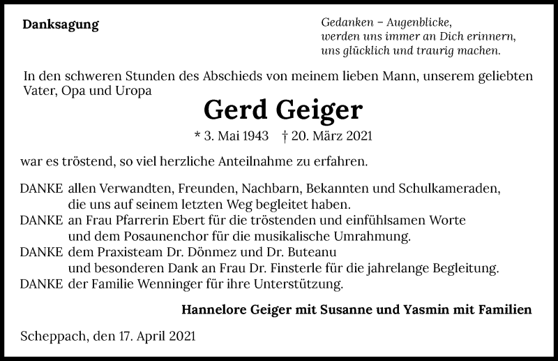  Traueranzeige für Gerd Geiger vom 17.04.2021 aus GESAMT