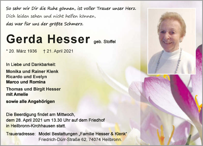  Traueranzeige für Gerda Hesser vom 24.04.2021 aus GESAMT