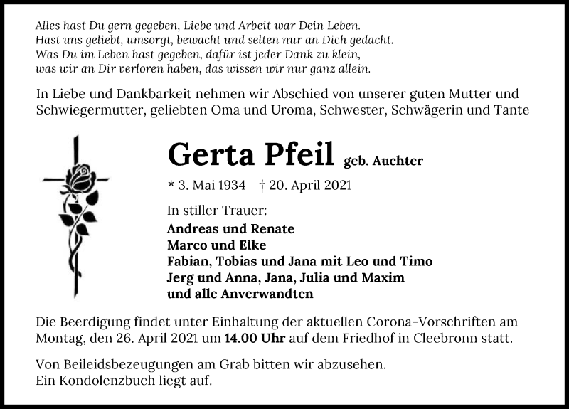  Traueranzeige für Gerta Pfeil vom 23.04.2021 aus GESAMT