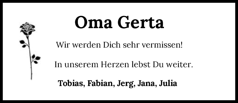  Traueranzeige für Gerta Pfeil vom 23.04.2021 aus GESAMT