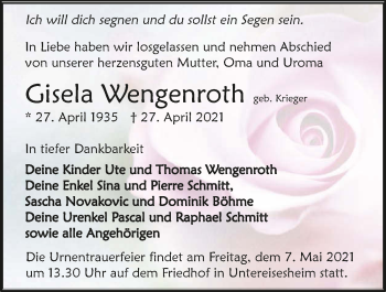 Traueranzeige von Gisela Wengenroth von GESAMT
