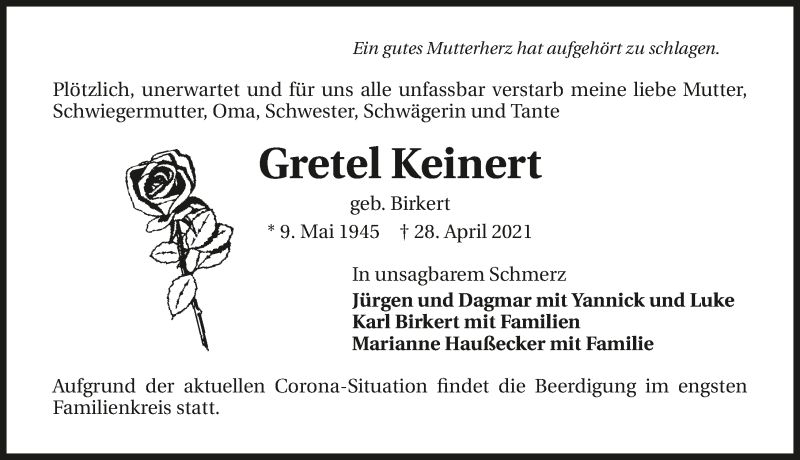  Traueranzeige für Gretel Keinert vom 30.04.2021 aus GESAMT