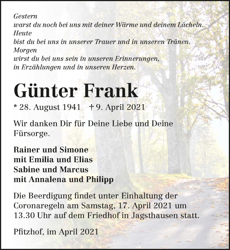  Traueranzeige für Günter Frank vom 13.04.2021 aus GESAMT
