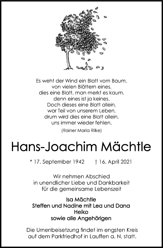  Traueranzeige für Hans-Joachim Mächtle vom 24.04.2021 aus GESAMT