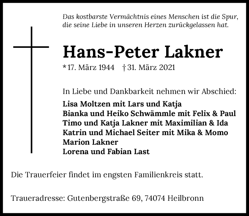  Traueranzeige für Hans-Peter Lakner vom 03.04.2021 aus GESAMT