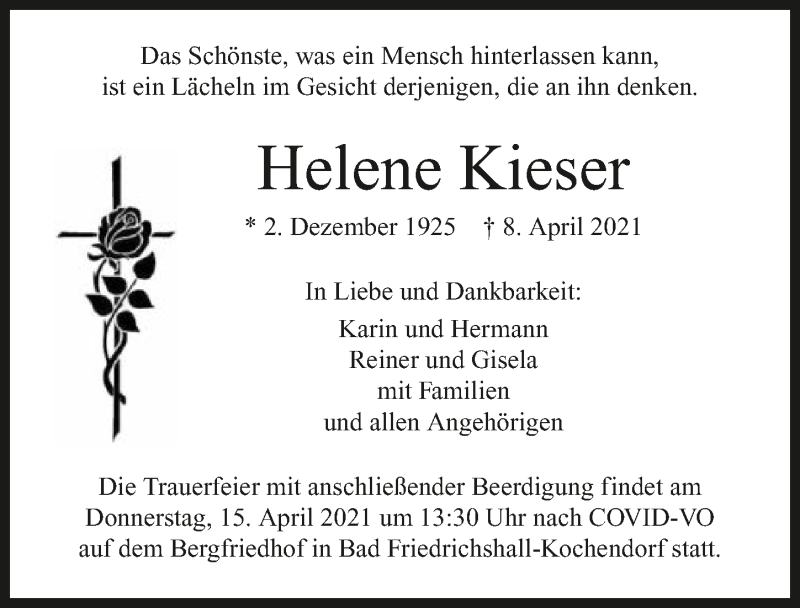  Traueranzeige für Helene Kieser vom 13.04.2021 aus GESAMT