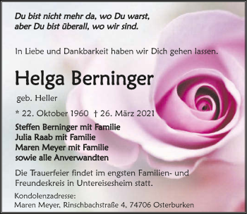 Traueranzeige von Helga Berninger von GESAMT