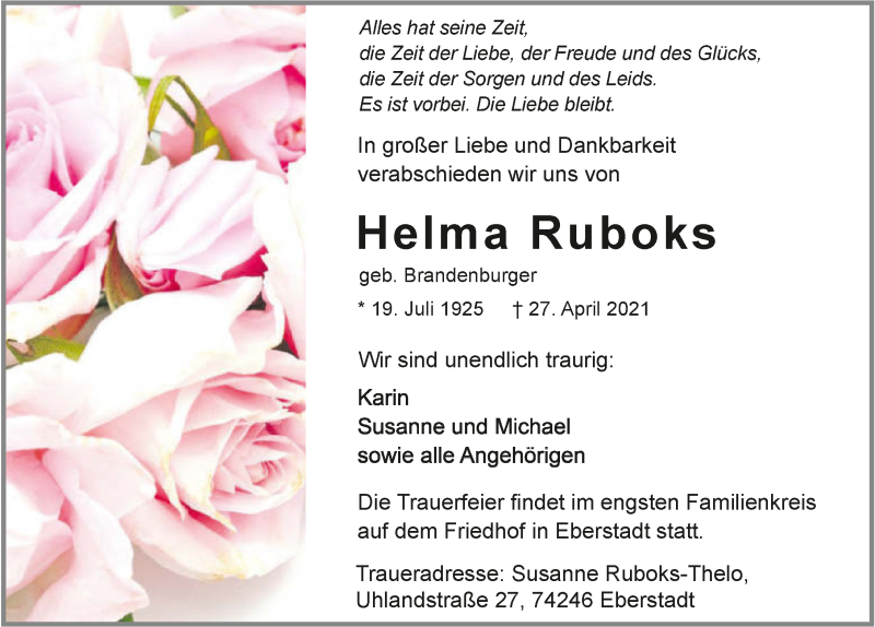  Traueranzeige für Helma Ruboks vom 30.04.2021 aus GESAMT