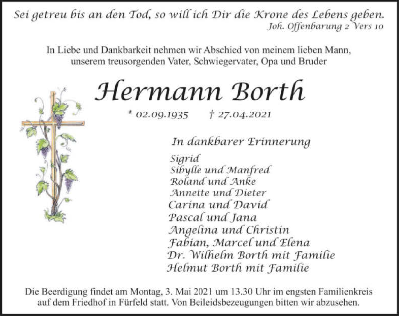  Traueranzeige für Hermann Borth vom 30.04.2021 aus GESAMT