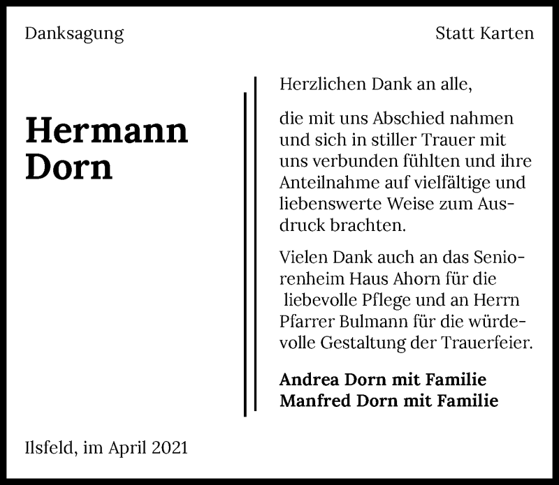  Traueranzeige für Hermann Dorn vom 24.04.2021 aus GESAMT