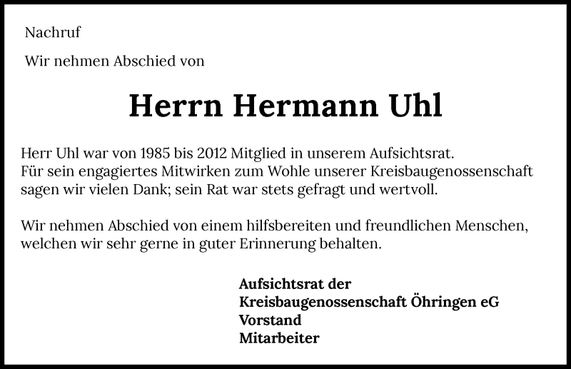  Traueranzeige für Hermann Uhl vom 15.04.2021 aus GESAMT