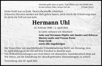 Traueranzeige von Hermann Uhl von GESAMT
