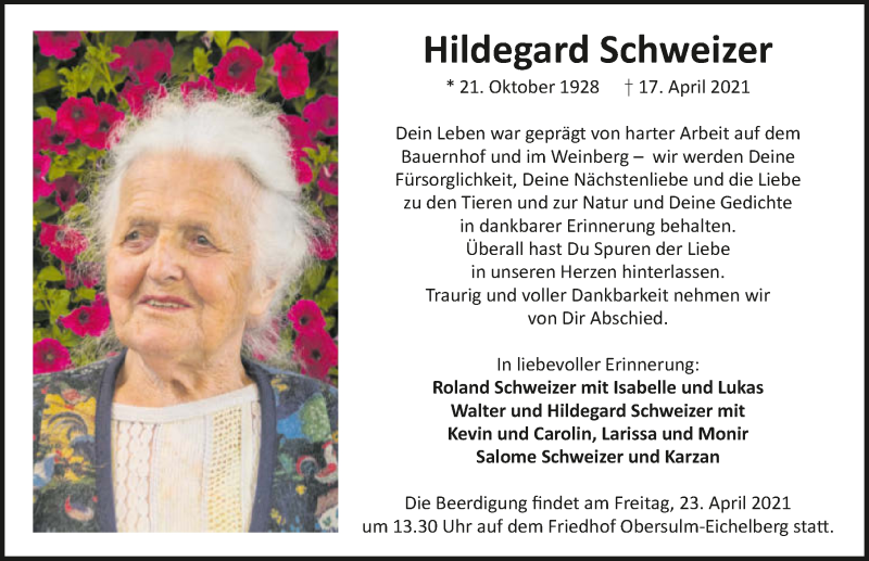  Traueranzeige für Hilde Schweizer vom 20.04.2021 aus GESAMT