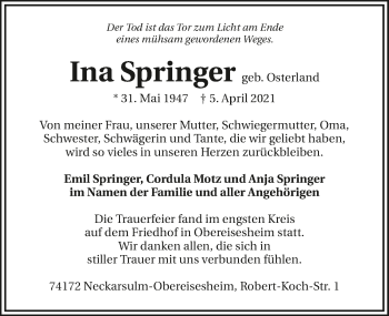 Traueranzeige von Ina Springer von GESAMT