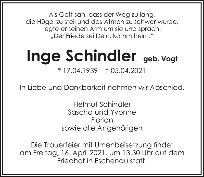  Traueranzeige für Inge Schindler vom 10.04.2021 aus GESAMT