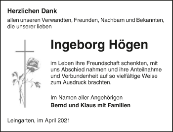 Traueranzeige von Ingeborg Högen von GESAMT