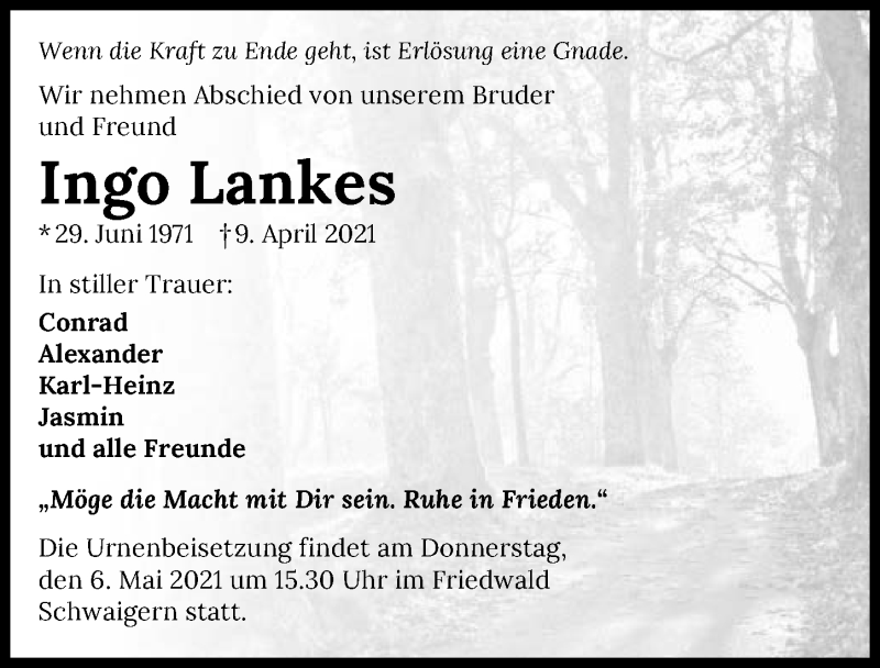  Traueranzeige für Ingo Lankes vom 24.04.2021 aus GESAMT