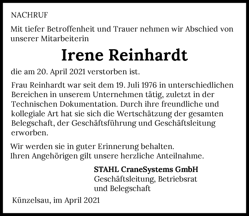  Traueranzeige für Irene Reinhardt vom 29.04.2021 aus GESAMT