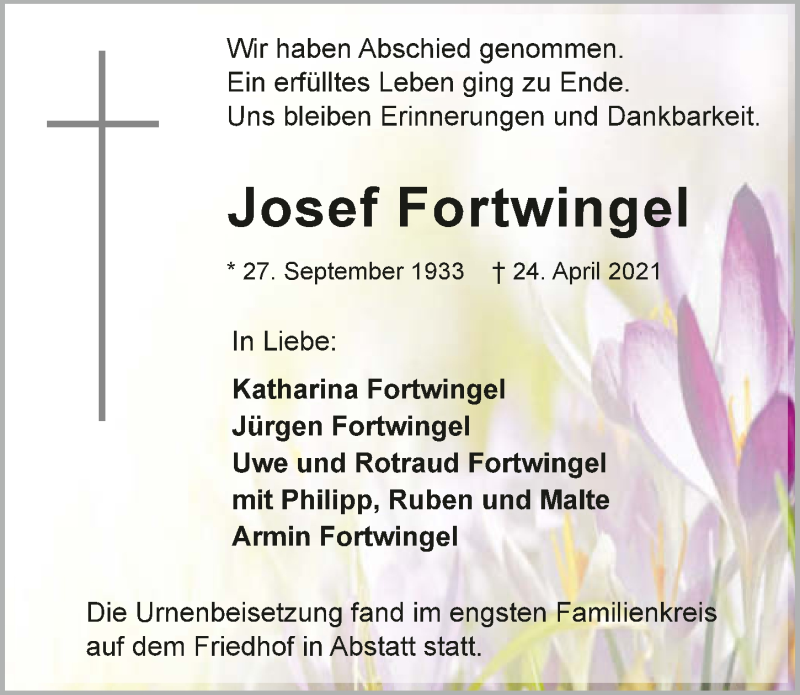  Traueranzeige für Josef Fortwingel vom 30.04.2021 aus GESAMT