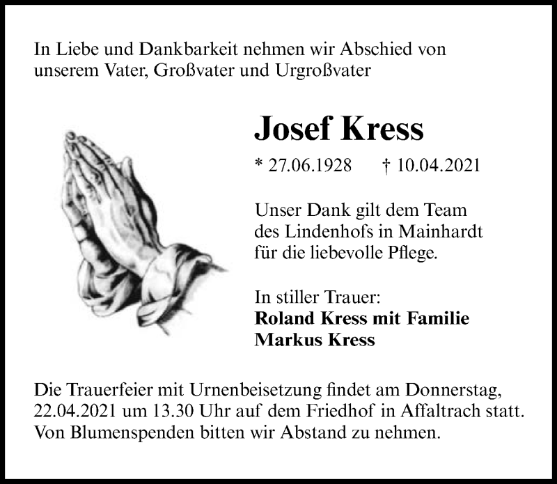  Traueranzeige für Josef Kress vom 17.04.2021 aus GESAMT