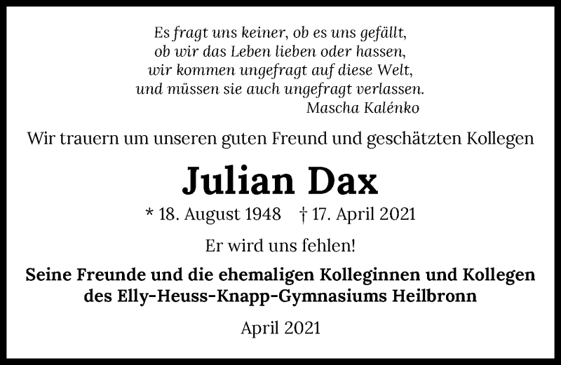  Traueranzeige für Julian Dax vom 24.04.2021 aus GESAMT