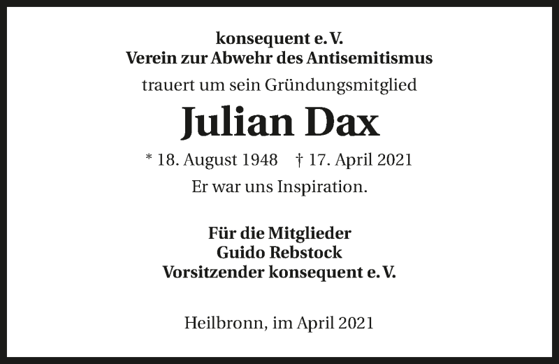  Traueranzeige für Julian Dax vom 30.04.2021 aus GESAMT