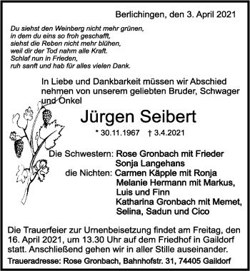 Traueranzeige von Jürgen Seibert von GESAMT