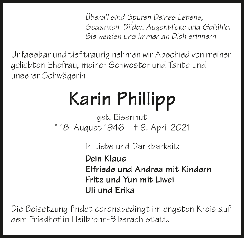  Traueranzeige für Karin Philipp vom 17.04.2021 aus GESAMT