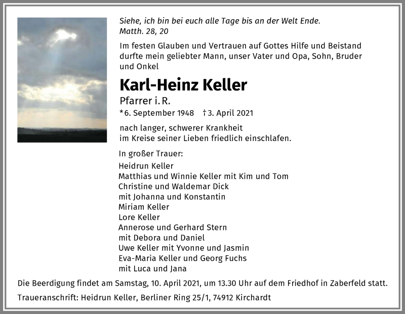  Traueranzeige für Karl-Heinz Keller vom 08.04.2021 aus GESAMT