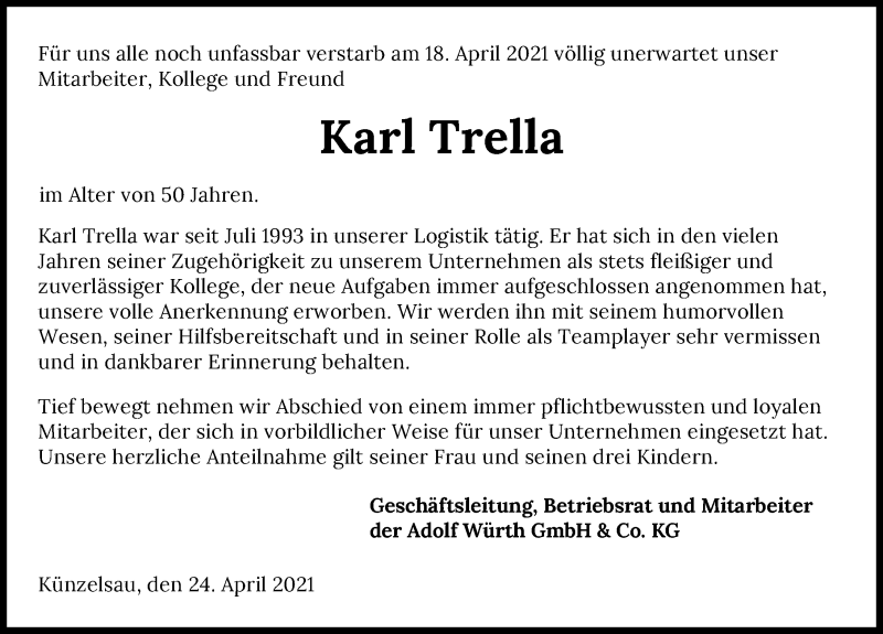  Traueranzeige für Karl Trella vom 24.04.2021 aus GESAMT
