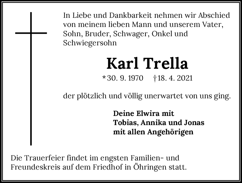  Traueranzeige für Karl Trella vom 24.04.2021 aus GESAMT